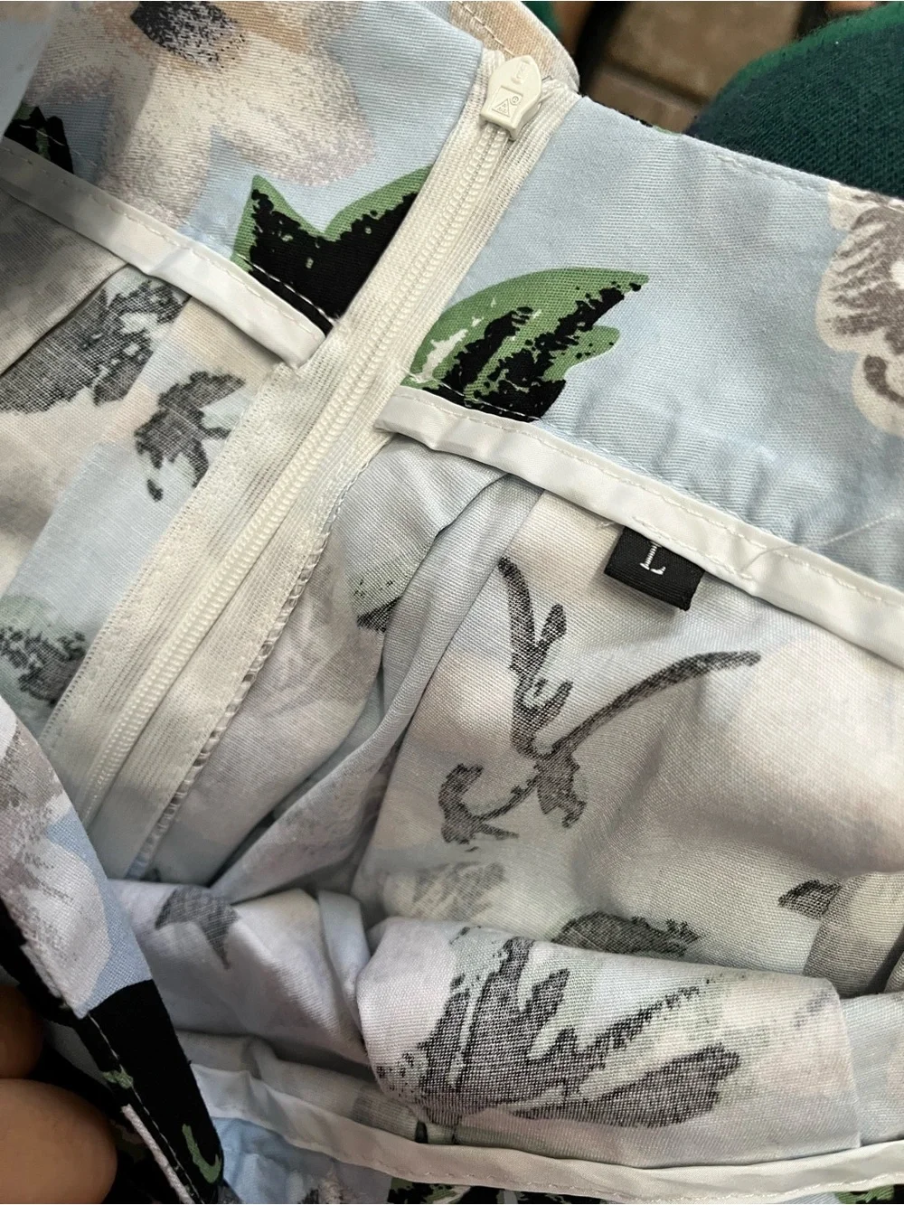 Light Blue Floral A-Line Skirt with Black and Green Accents L